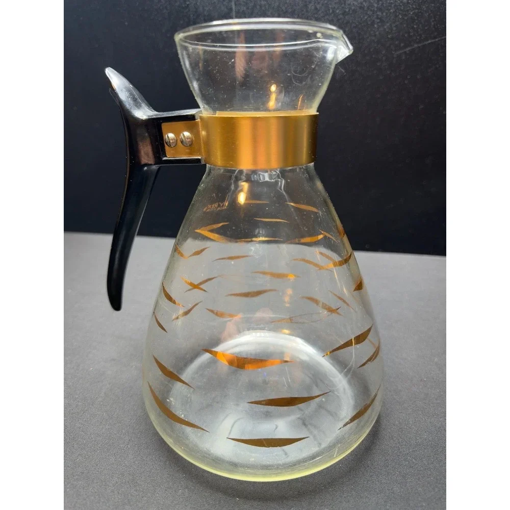 Vintage Pyrex 8 Cup Coffee Carafe Gold Atomic MCM Black Handle Made in USA